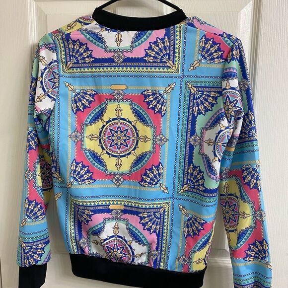 💼Light Wear Summer Bomber Jacket, Paisley Chain Print, Zip Front - Picture 9 of 13